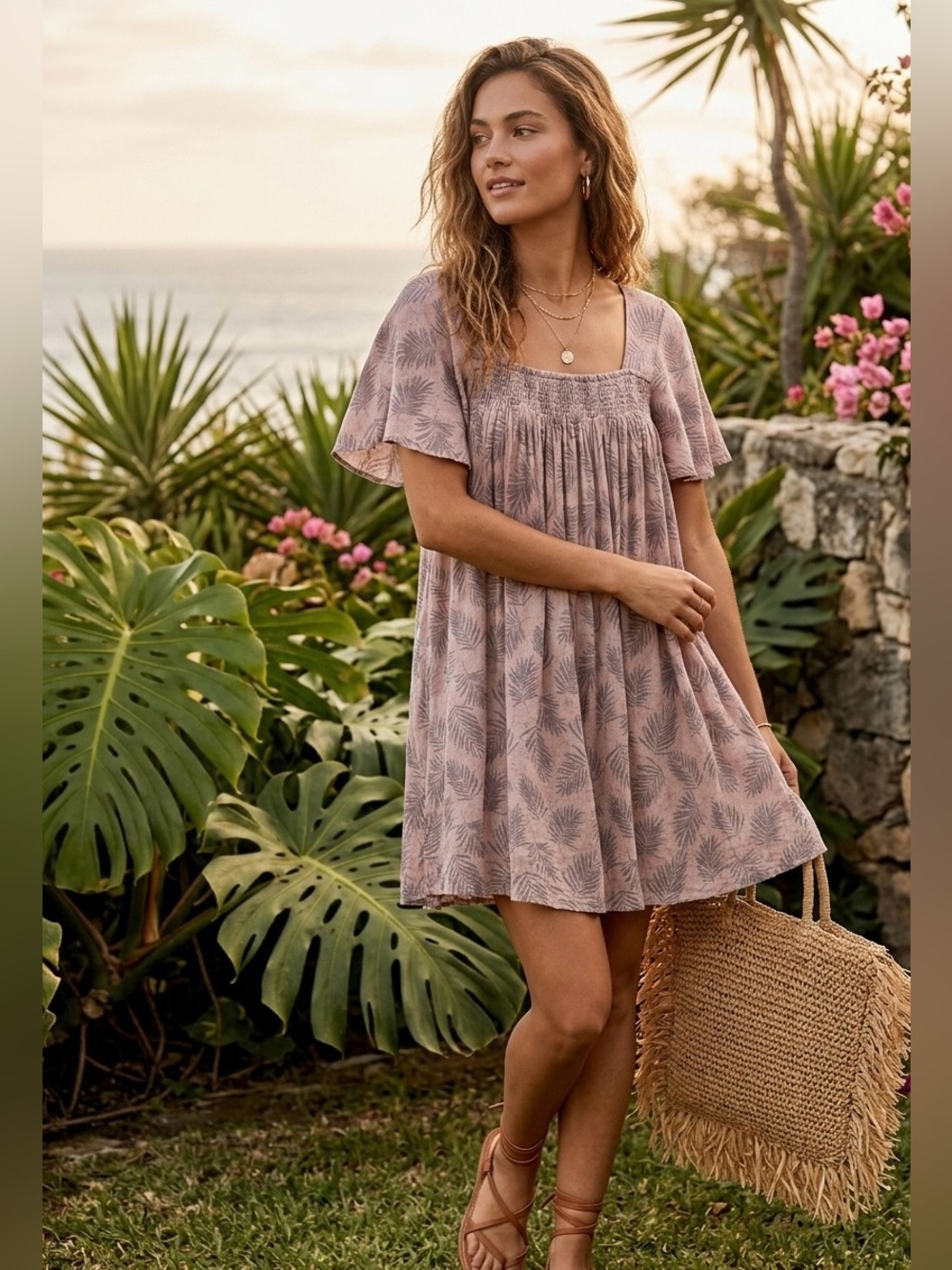 VEVERET Mauve Palm Leaf Smocked Mini Dress - Size S